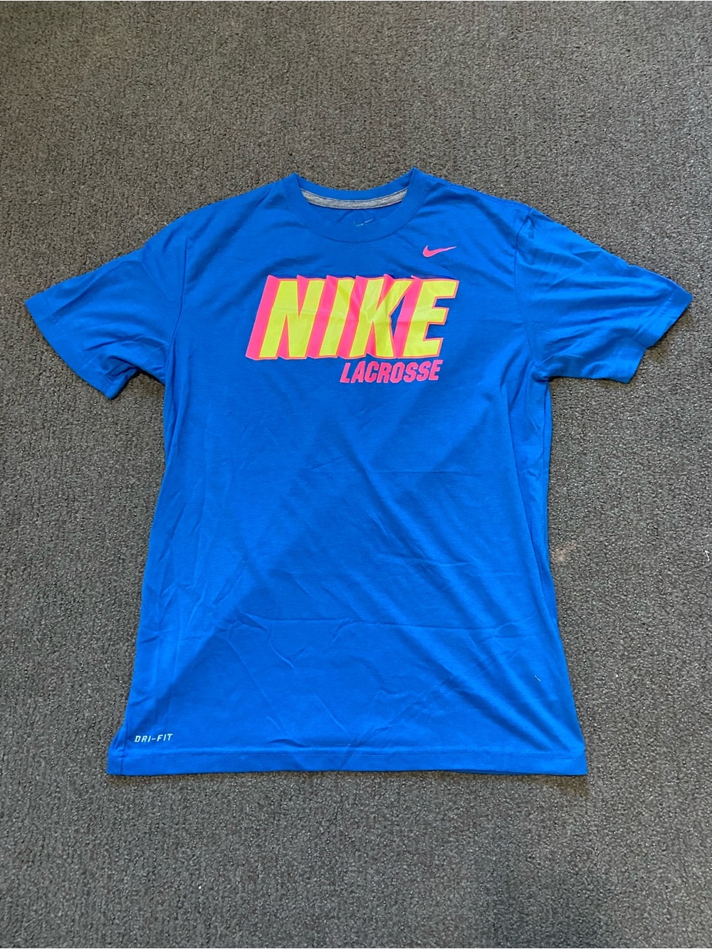 Nike Lacrosse Blue Tee with Neon Yellow and Pink Logo